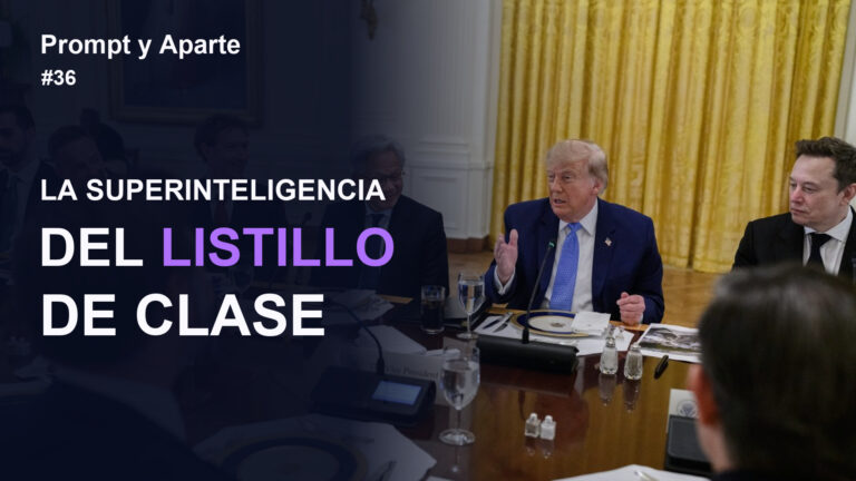 Donald Trump habla en un almuerzo sobre superinteligencia en la Casa Blanca, con Elon Musk sentado a su lado. Portada de Prompt y Aparte 36.